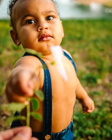 Asher, a toddler in blue overalls, standing outside on the grass
